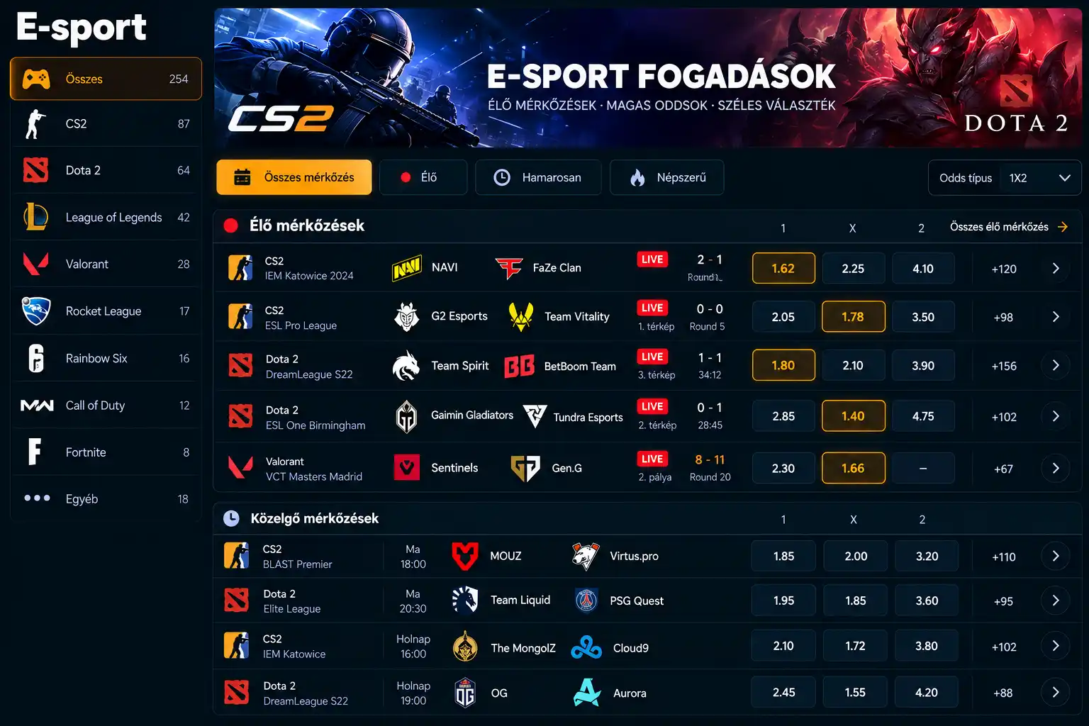 Vox Casino e-sport fogadási felület – CS2, Dota 2, Valorant élő meccsek