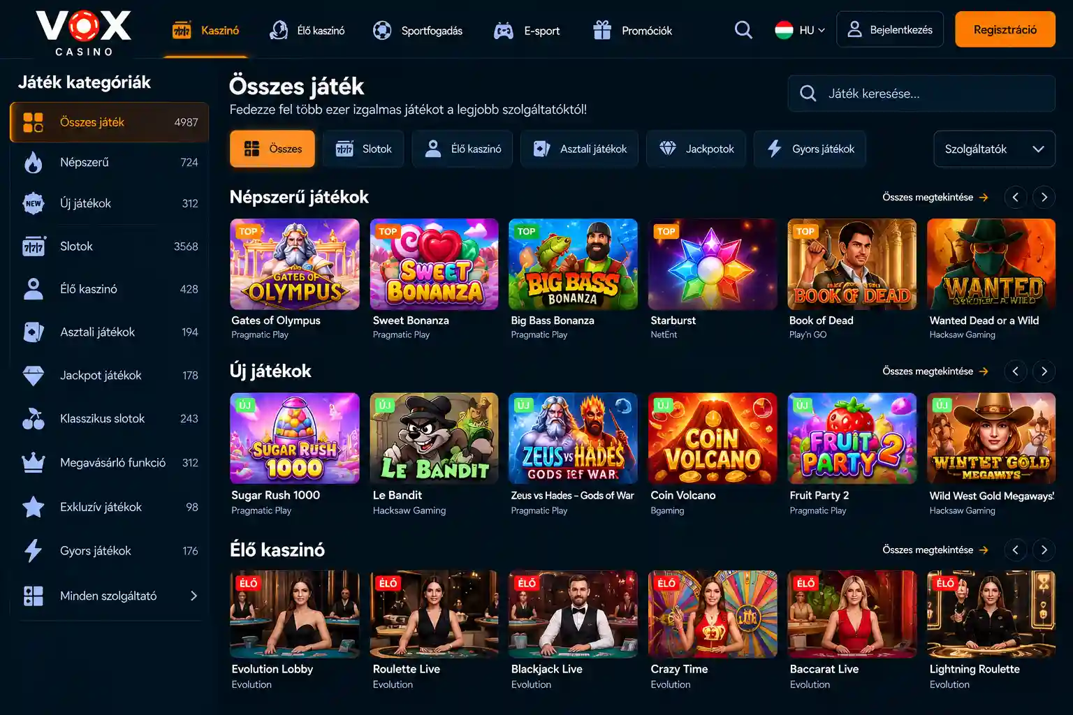 Vox Casino játékkatalógus – slotok, élő kaszinó, asztali játékok és szűrők