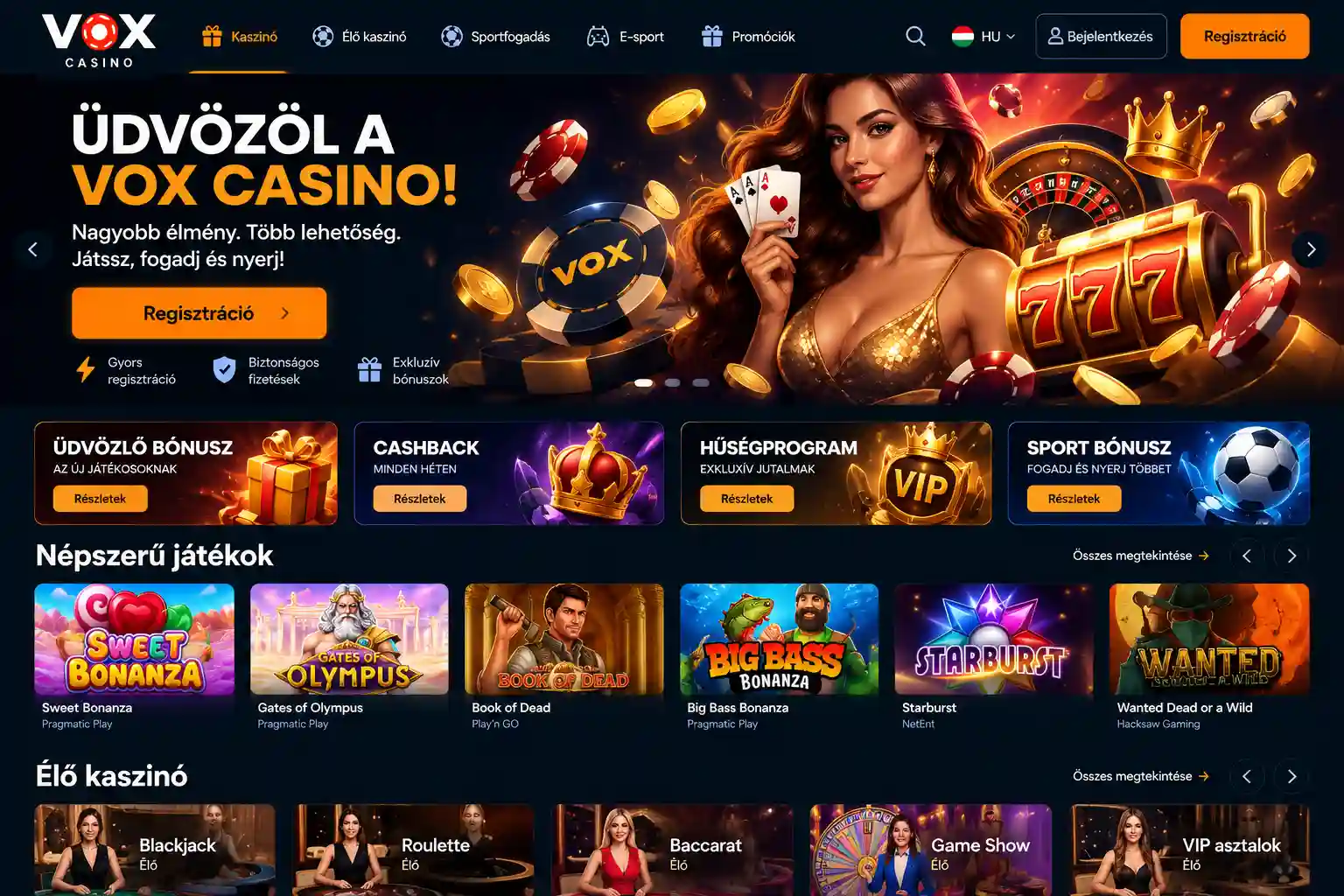 Vox Casino főoldal – asztali nézetben
