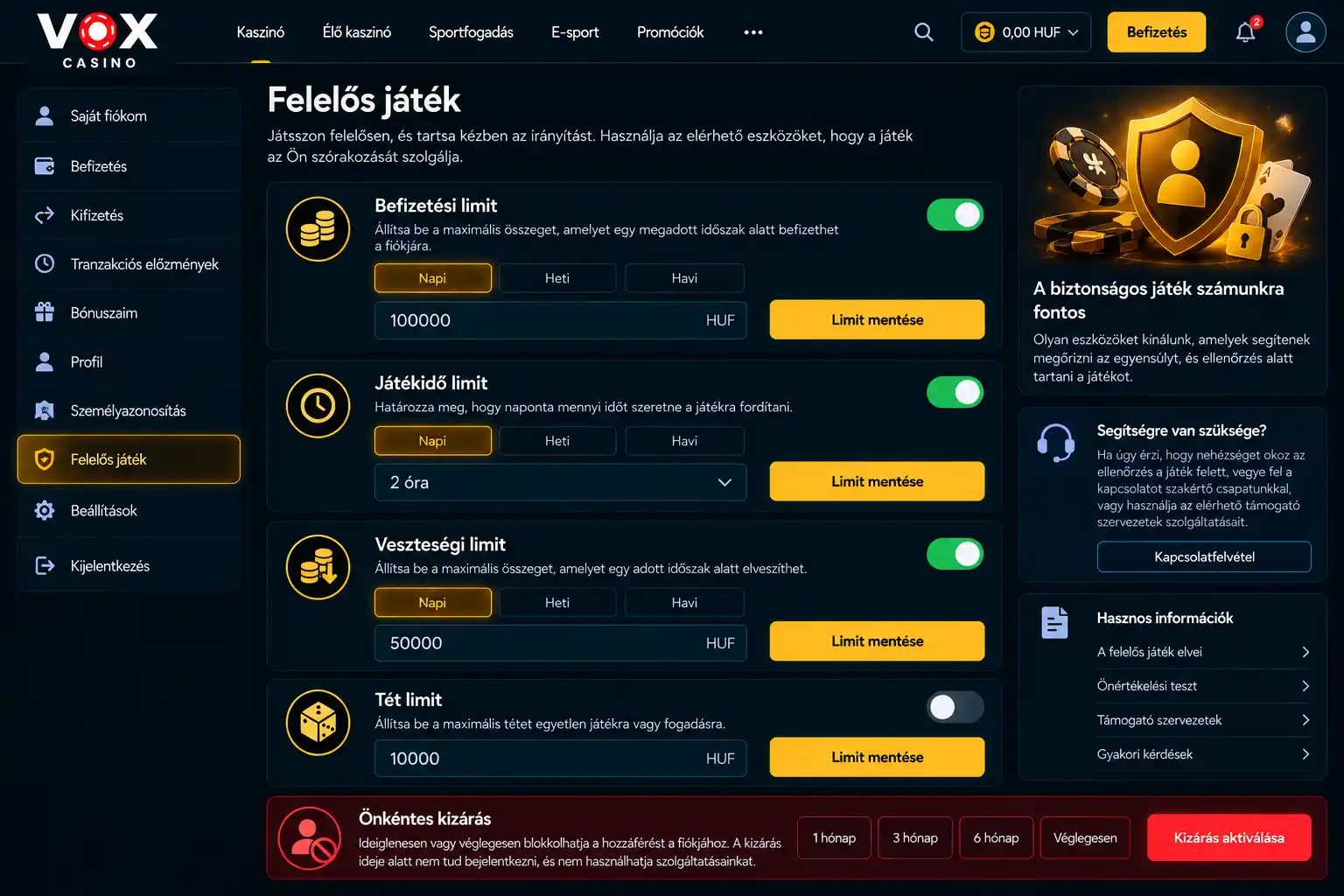 Vox Casino felelős szerencsejáték oldal – befizetési limit, játékidő limit, önkizárás beállítások